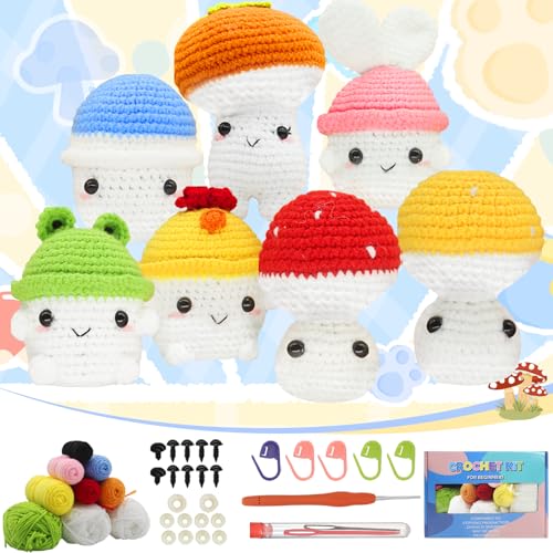 WUEURU 7 pcs Crochet Kit for Beginners,Crochet Starter Kits for Adults,Crochet Starter Kit with Step-by-Step Video Tutorials Mushroom