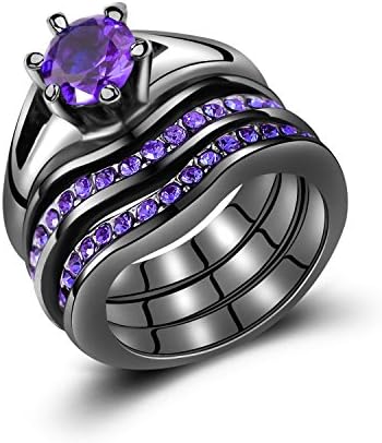 Trio Engagement Bridal Wedding Ring Sets 3 Piece Created Blue Sapphire Cz (Purple&amp;US Size 11)