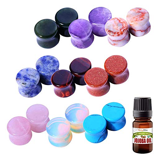 BodyJ4You 18PC Stone Ear Plugs Double Flare Gauges Stretching Aftercare Wax Oil 8G-30mm
