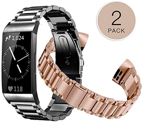 SHANGPULE Compatible for Fitbit Charge 3 & Charge3 SE Bands(2 Pack), Stainless Steel Metal Replacement Accessories Women Man Large Small