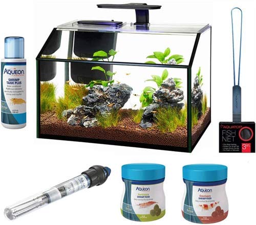 Aqueon 8.75 Gallon LED Shrimp Aquarium Kit w/Heater, Food, Water Conditioner, Trace Elements & 4″ Net Bundle