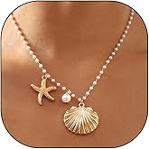 Gold Shell Starfish Pearl Necklace for Women Her,Dainty Beads Chain Seashell Pendant Mermaid Necklace,Beachy Vacation Coastal Neck Jewelry
