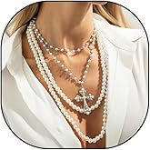 Gothic Pearl Cross Necklace for Women Layered Pearl Beads Cross Pendant Necklaces Chunky Vintage Cross Chain Necklace