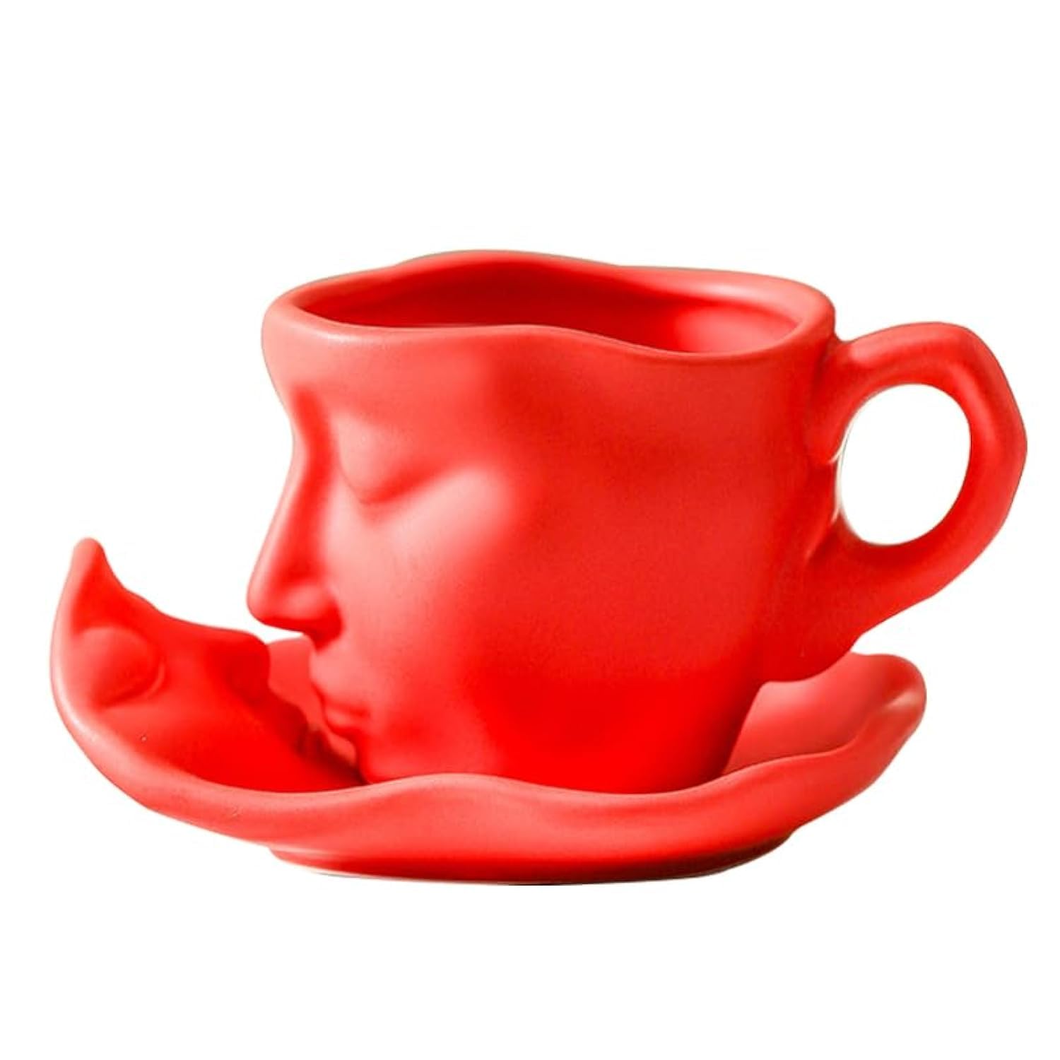 soulnioi Ceramic Tea Cup and Saucer Set Human Face Kissing Couple Coffee Mug Teacup (260ml), Creative Gift for Friends/Family (Red)