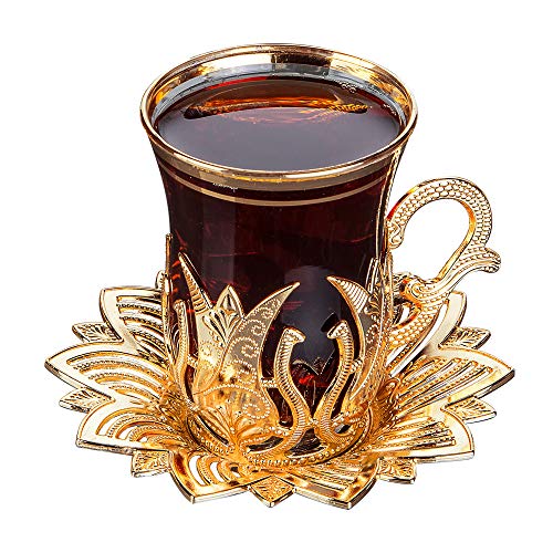 Luxury Turkish Tea Set with Saucers for 6 People, Gold Silver Tulip