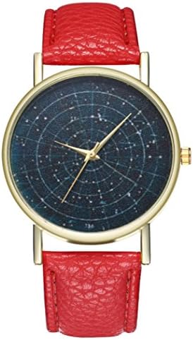 Yeefant Star Map Pattern Trendy Student Couple Leather Band Analog Quartz Round Wrist Women's Fine Vintage Fashion Trend Belt Watch,Red