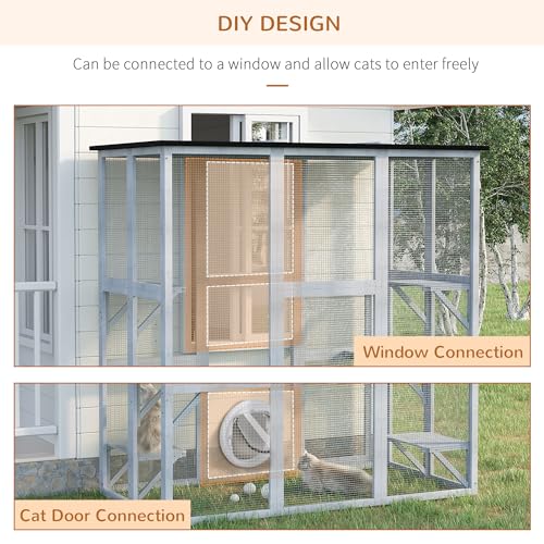 PawHut Outdoor Catio Cat Enclosure, Large Weatherproof Cat House with Asphalt Roof, 6 Jumping Platforms, Wooden Walk-in Kitty Cage for Multiple Kittens, 71" x 39" x 71", Grey