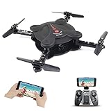 Hobbylane Folding Drone with FPV Camera Live Video, Altitude Hold Flexible Foldable Pocket Quadcopter with Remote Controller, Track Controlled Mode Gravity Sensor Helicopter Toys for Adults (Black)