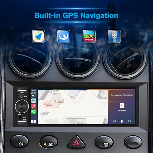 Junsun 6.36 Inch 1 Din Touch Screen Car Stereo Compatible CarPlay & Android Auto Bluetooth GPS FM Type-C Charge 2 USB Microphone Equalizer Steering Wheel Control