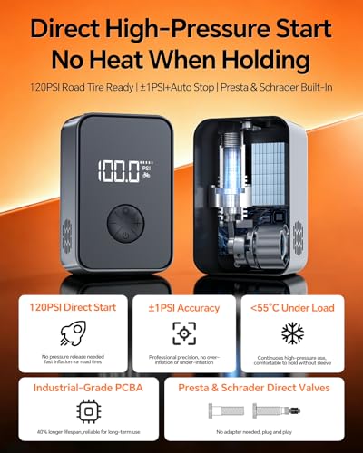 Yetour Bike Pump Electric, Portable Mini Bicycle Air Pump 130PSI Brushless Motor, Bike Pump with Gauge, Fits Presta & Schrader Valve, Rechargeable LED Light, for Road, Mountain, City, Fat Tire Bikes