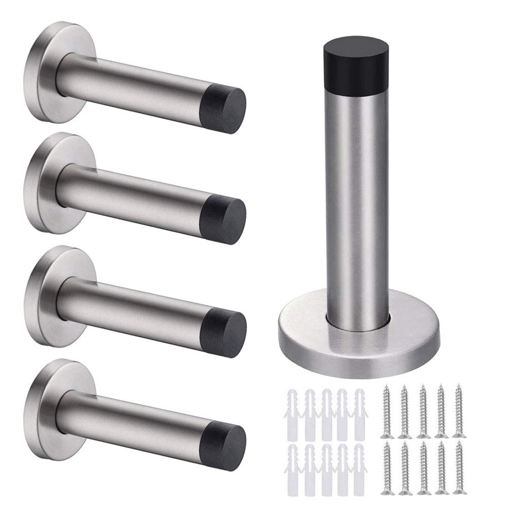 Door Stop, STARVAST 5 Pack 90mm Stainless Steel Door Stopper Heavy Duty Wall Mounted Rubber Buffer Bumper with Screws and Drywall Anchors