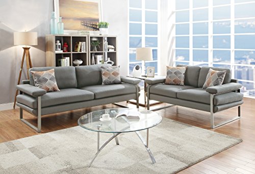 Living Room Bobkona 2pcs Sofa Set Grey Plush Polyfiber Metal Legs Armrest Sofa Loveseat Pillows Cushion Couch