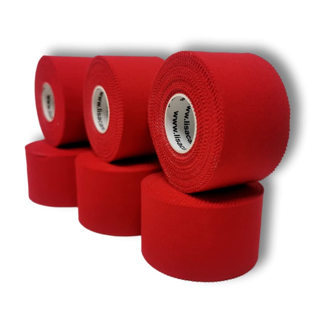 LisaCare Sport Tape - 6 Rolls 3.8 cm Wide - Red Sports Tapes - Football Tape - Athletic Tape - Strong Hold & Easy to Tear - For Any Sport & Various Colours (Set of 6 - Red)