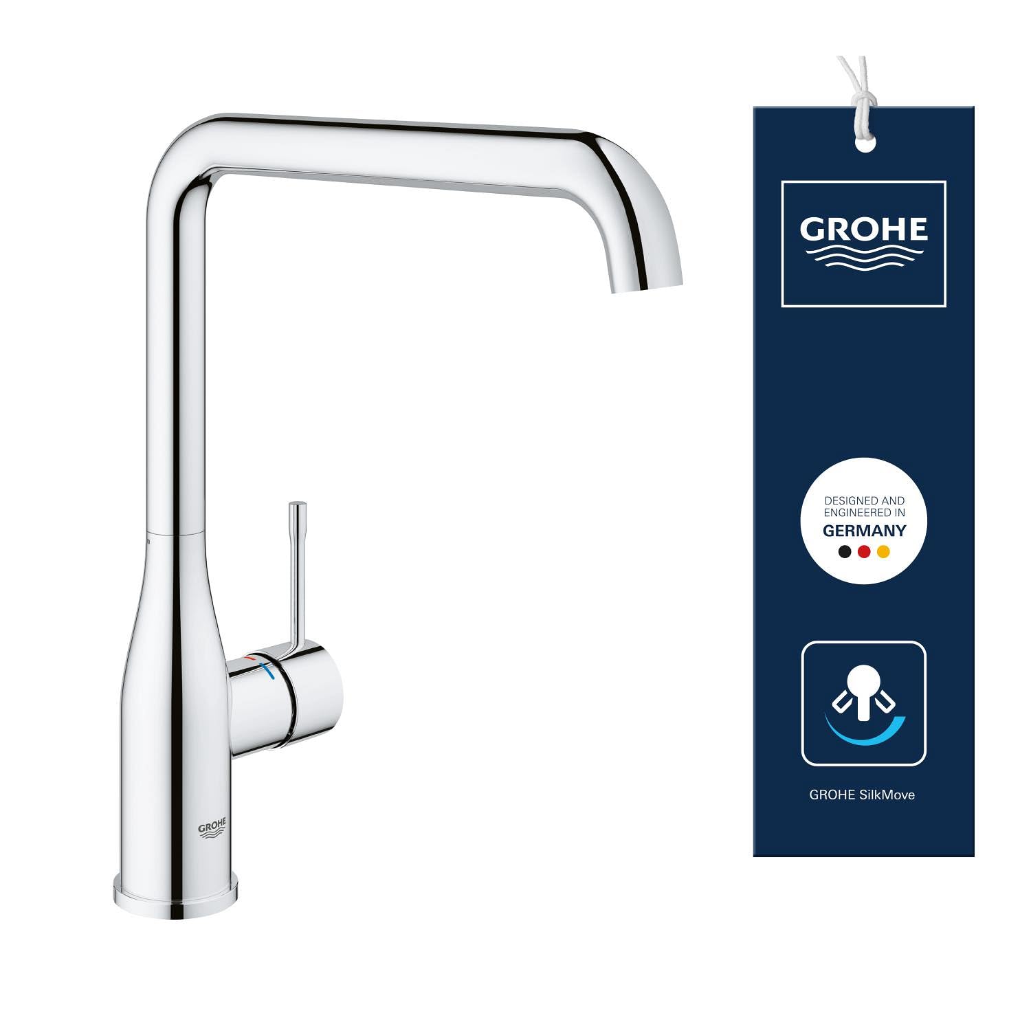 GROHE Essence Kitchen Mixer Tap (High L-Spout 300 mm, 28 mm Ceramic Cartridge, Adjustable Swivel Area 360°, 3/8 Inch Tails), Chrome, 30269000