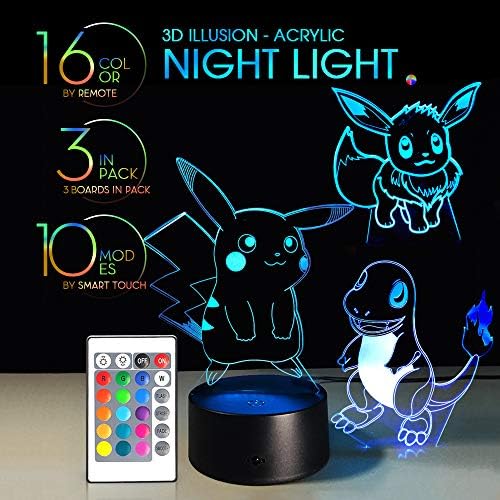 3 in 1 3D Night Light Remote Control with 7 Colors Display Optical Illusion Nursery Lamp Birthday Gift X'Mas Creative Lights Touch Button Pikachu Eevee Charmander (Pokemon 3IN1)