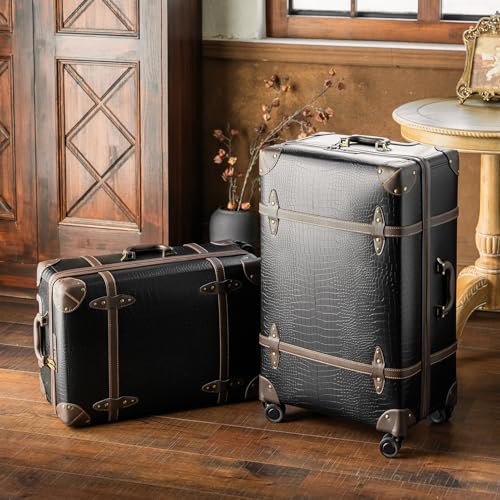 urecity Vintage Luggage Set 20"/24"/28" – Retro PU Leather Suitcase with TSA Lock, 360° Spinner Wheels & Telescopic Handle – Lightweight Travel Trolley (Crocodile Black)