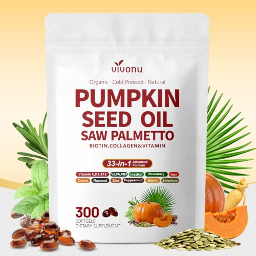 VivoNu Pumpkin Seed Oil with Saw Palmetto Capsules | 300 Count| 33 in 1 Vitamin C D3 B12 E A, Castor, Zinc, Biotin, Iron, Peppermint | Hair Growth & DHT Blocker for Women Men