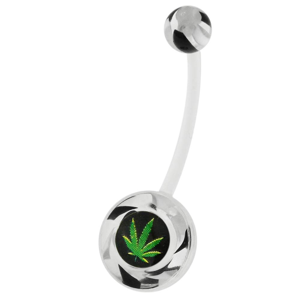 AZARIO LONDON Marijuana Leaf Logo Design on Marble Ball Clear Bio Flexible Pregnancy Belly Bar Piercing Jewellery