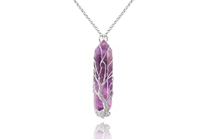 VIBILIA Healing Crystal Necklace Tree of Life Wire Wrapped Natural Stone Point Pendant Necklace Hexagonal Reiki Spiritual Quartz Gemstone Jewelry for Women Men