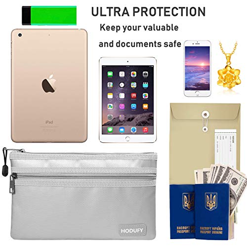 Hodufy Fireproof Money Bag, 10.6"x6.7" Upgrade Double Layer Waterproof and Fireproof Cash Bag, Fire Resistant Safe Storage Pouch with Zipper for A5 File Folder,Document, Bank Deposit,Passport,Jewelry