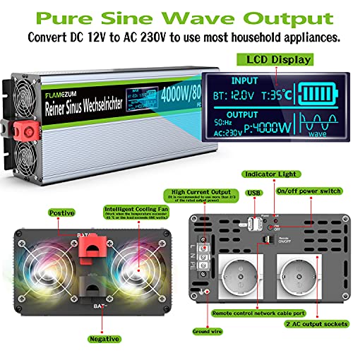 4000W/8000W Power Inverter 12 V 220 V Pure Wave Voltage Transformer Converter Voltage Inverter - 2 EU Socket with USB Output Remote Control Suitable for Refrigerators, Electric Saw