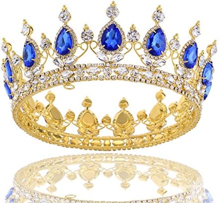 FUMUD Pageant 2" Full Round Rhinestone Crystal CrownTiara Sapphire King / Queen Crown Gold Plated Party Jewelry (2#) (Gold-blue)