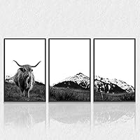 3 Piece Framed Canvas Wall Art Black and White Cattle and Mountain Canvas Prints Home Artwork Decoration for Living Room,Bedroom - 16