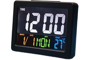 UrbanHui Large Color LCD Alarm Clock With Temperature Calendar Week Display For Home(Black)