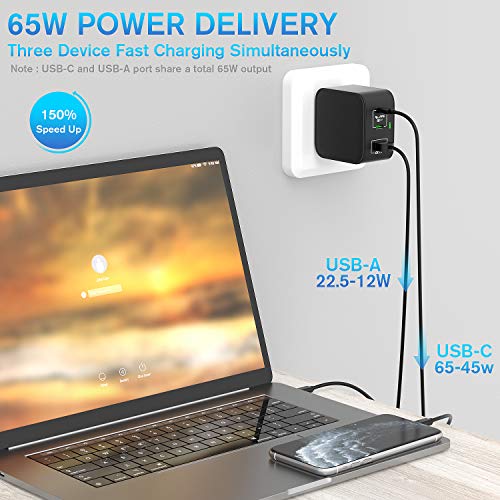 USB C Wall Charger, 65W 3-Ports Charger with 45W USB C Power Adapter, 20W USB-C Port, 22.5 USB-A Port, GaNTech, Foldable Plug, Compatible with MacBook, USB-C Laptops, iPad Pro, iPhone, Galaxy
