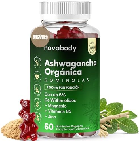 Ashwagandha Gominolas 2000mg Sin Azúcar 100% Natural, Vegana – Alta Potencia, Concentrada, con Citrato de Magnesio, Zinc y Vitamina B6 – Sin Gluten, Sin Lactosa – Sueño Profundo, 60 uds