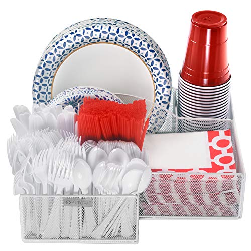 Eltow White Plate and Cutlery Organizer: Large Kitchen Spoon, Fork, Knives and Cups Holder - Sturdy Bowl, Napkin and Tableware Dispenser - Home, Restaurant, BBQ and Picnic Plate Organizer Caddy - Thumbnail 5