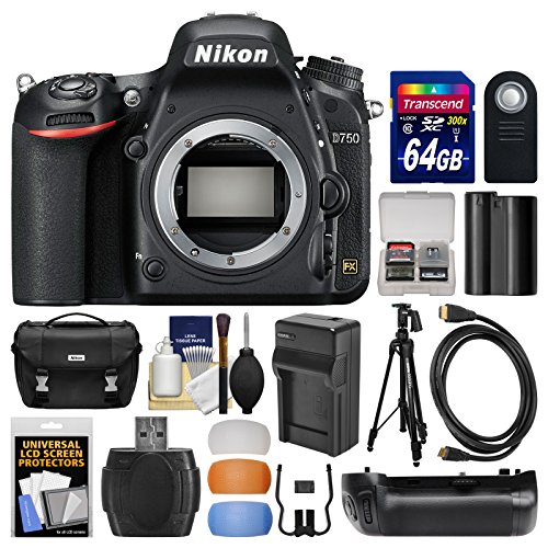 Nikon D750 Digital SLR Camera Body with 64GB Card + Case + Battery & Charger + Grip + Tripod + Kit