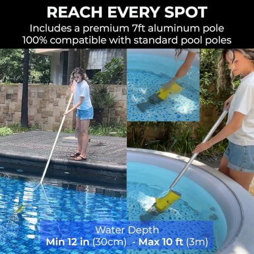 16V Cordless Handheld Pool Vacuum - 26,000Pa Hyper Suction, 3-Stage 3D Fiber Ball Micro-Filtration, Fine Filter, XL 0.3gal Canister, 7ft Pole & 2 Heads, for Inground & Above Ground Pools, Spas