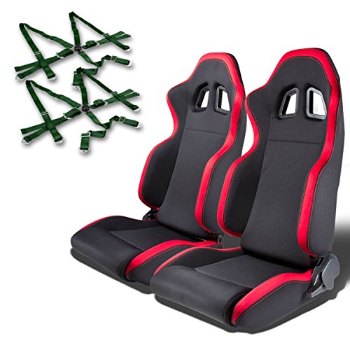 Pair of RSXL01RD Racing Seats+Harness 3" 6-Point Cam Lock Seat Belt (Green)