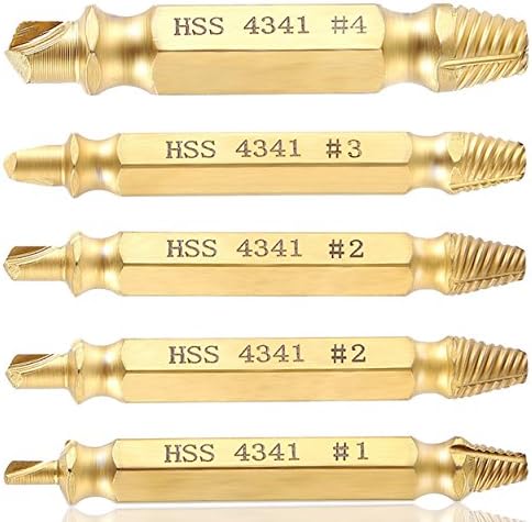 EANINNO Damaged Screw Extractor and Remover, 5 Piece Stripped Broken Screw Nail Extractor Tool Set, Made of Premium HSS 4341 with Titanium Coating, Golden