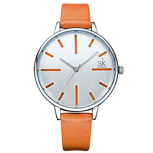 SK Ladies Watches on Sale Women’s Leather Band Watches Analog Round Waterproof Watches (Orange)