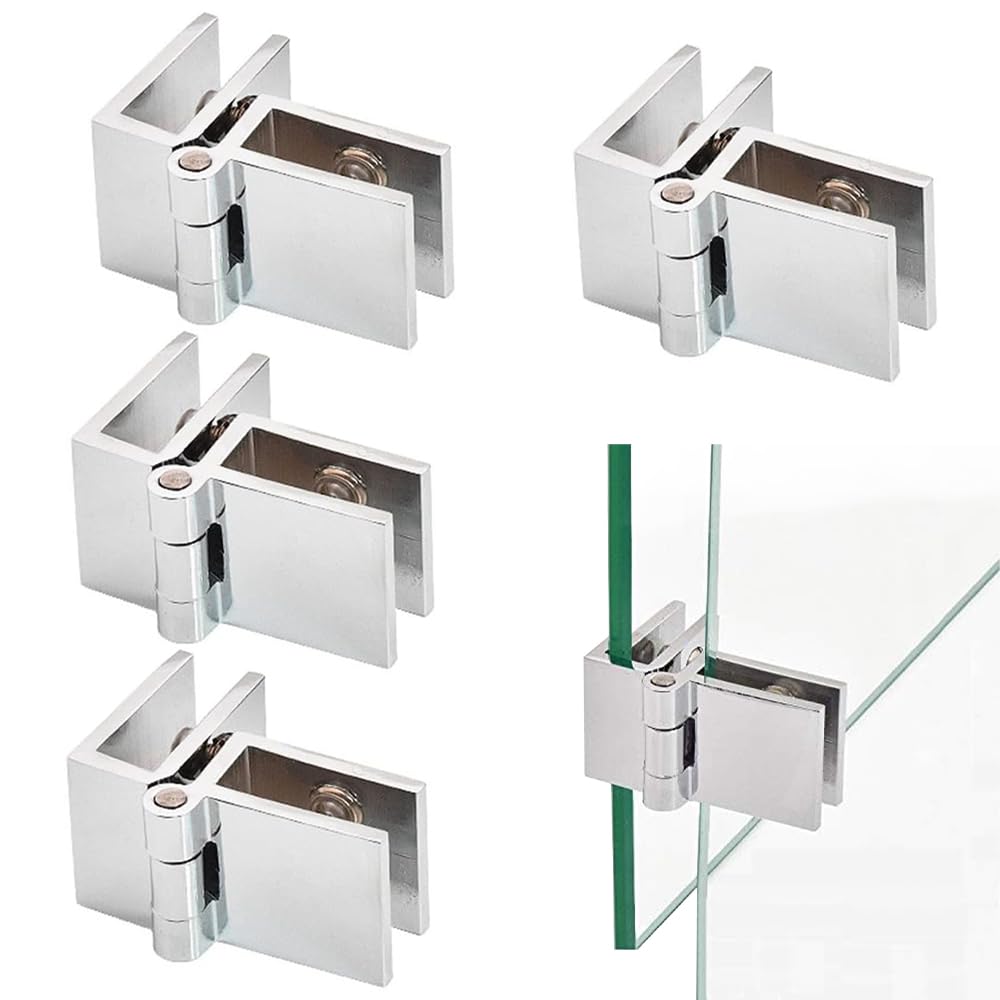 ZGIOPGEIN 4 Pcs Glass Door Hinge 90 Degree Adjustable Zinc Alloy Clamp Hinges for 5mm - 8mm Glass Cabinets