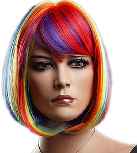 Superwigy Synthetic Rainbow Multi-Color Cosplay Wigs Short Bob Full Wig for Party