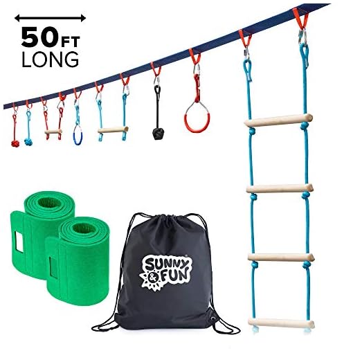 Portable 50 Foot Ninja Slackline Monkey Bar & Ladder Kit – Kids Gym Swinging Obstacle Course Set - Warrior Training Bars…