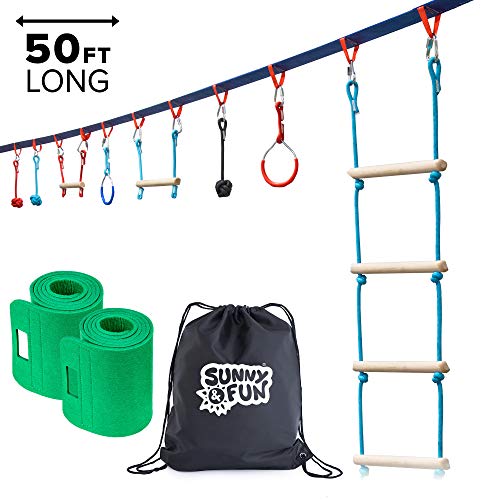 Sunny & Fun Portable 50 Foot Ninja Slackline Monkey Bar & Ladder Kit - Kids Gym Swinging Obstacle Course Set - Warrior Training Bars, Fists, Gymnastics Rings - Carry Bag & Tree Protectors