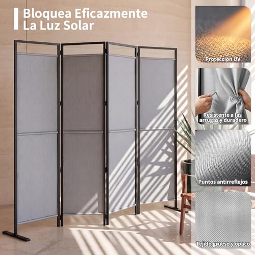SIMPLE ESPACIO Biombo de privacidad Plegable de Cuatro Paneles, Base ensanchada, Divisor portátil, Dimensiones del Panel 175 cm de Ancho x 170 cm de Alto (Gris)