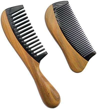Natural Green Sandalwood Comb - Anti Static Wooden Hair Comb with Thickening Round Handle for Hair Health, Hair Combs with Black Buffalo Horn Teeth