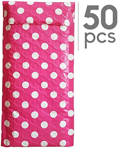 Saintsberry #000 4x8 Inches Extra Thick Bubble Mailers, Pack of 50 pieces (Pink with White Dots, Water Resistant and Tear Proof Padded Shipping Envelopes)
