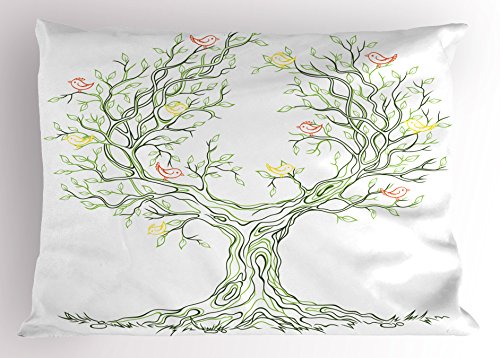 Ambesonne Tree of Life Pillow Sham by, Tree with Leaves and Birds Spring Garden Natural Foliage Art, Decorative Standard Size Printed Pillowcase, 26 X 20 Inches, Light Green Orange Yellow
