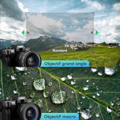 NBD 5K 64MP Digital Camera with Autofocus, 16x Digital Zoom, F1.8 Aperture, 3 Inch 180° IPS Screen, WiFi + Wide Angle/Macro Lens + 64GB Card + 2 Batteries (Deep Black)