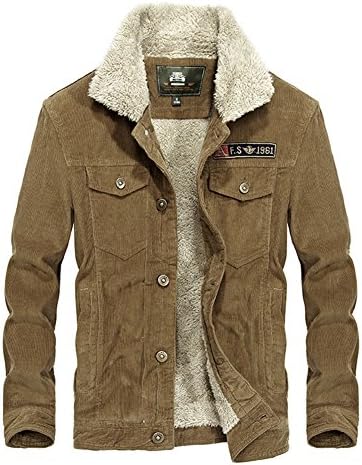Wintie Men's Retro Corduroy Suede Sherpa Fur Lining Warm Trucker Jacket Khaki L
