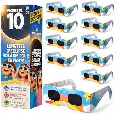 Lunettes Eclipse Solaire 2026 pour enfants – Lot de 10 Paires Premium avec 2 Filtres Solaires pour Smartphone, Lunettes Eclipse Solaire ISO 12312-2,CE Protection des Yeux pour l'Observation du Soleil