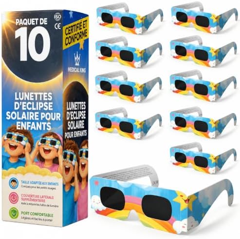 Lunettes Eclipse Solaire 2026 pour enfants – Lot de 10 Paires Premium avec 2 Filtres Solaires pour Smartphone, Lunettes Eclipse Solaire ISO 12312-2,CE Protection des Yeux pour l'Observation du Soleil
