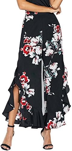 Joy Dragon Women's Floral Printed Ruffled Layered Wide Leg Flowy Cropped Palazzo Pants, 3/4 Length High Waist Palazzo Wide Legs Pants (L)