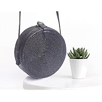 Black Round Straw Bag - Black Leather Strap - Black Rattan Wicker Bag